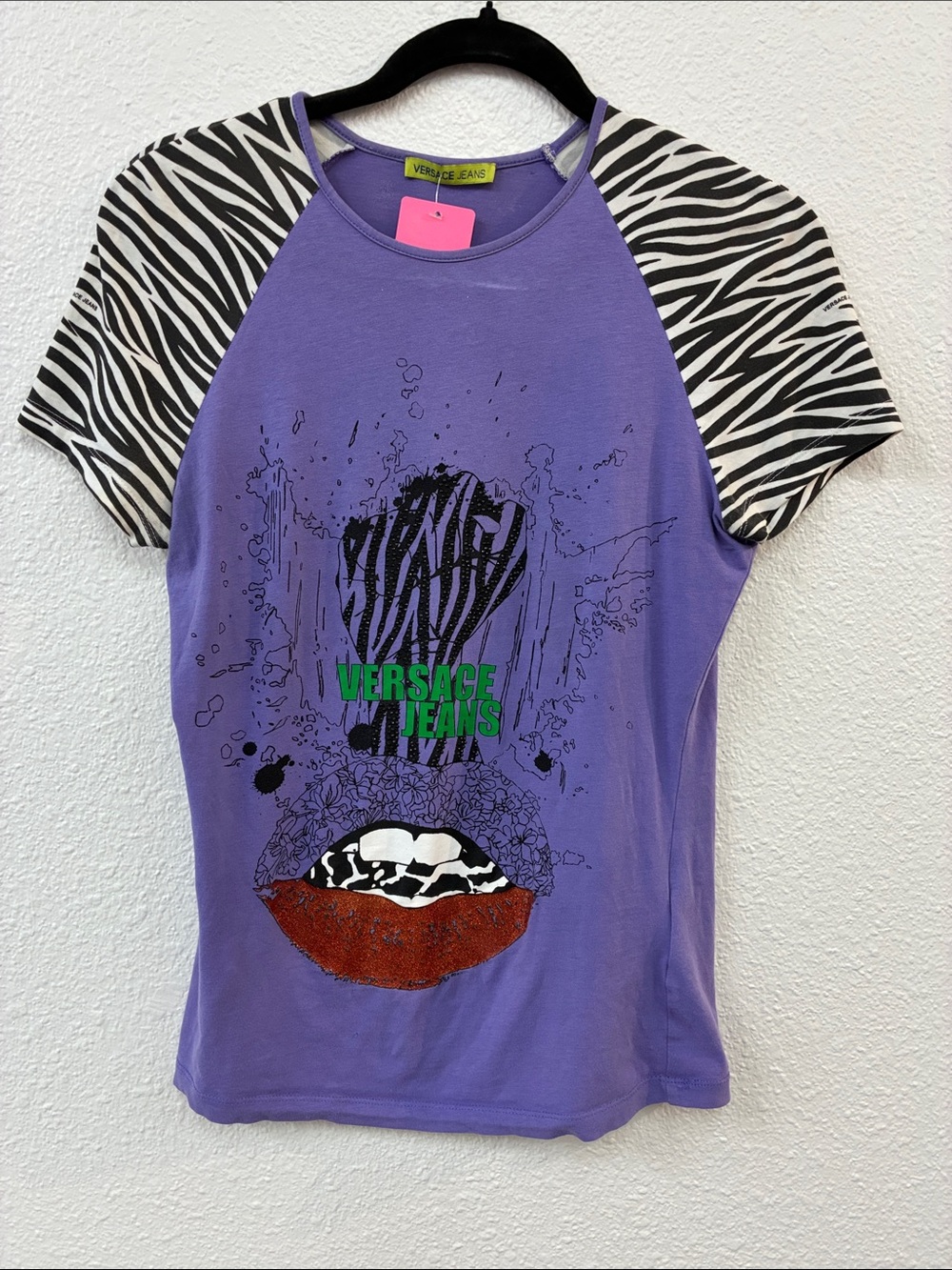Versace Jeans Collection Purple Tee Zebra Print Sleeves Size 2 Small